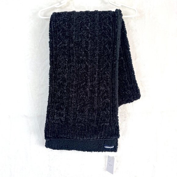 LANDS END Faux Fur Fleece Lined Chenille Rectangular Scarf Black 12" x 78" NEW - Picture 1 of 4